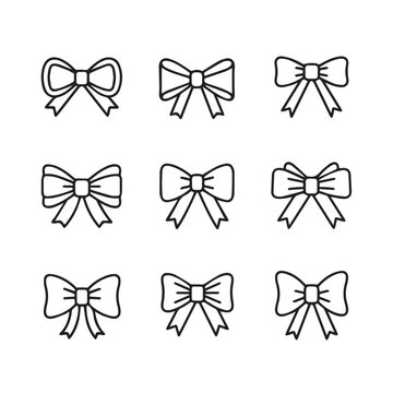 Set of nine different hand-drawn bow icons simple line art isolated on white background graphic elements