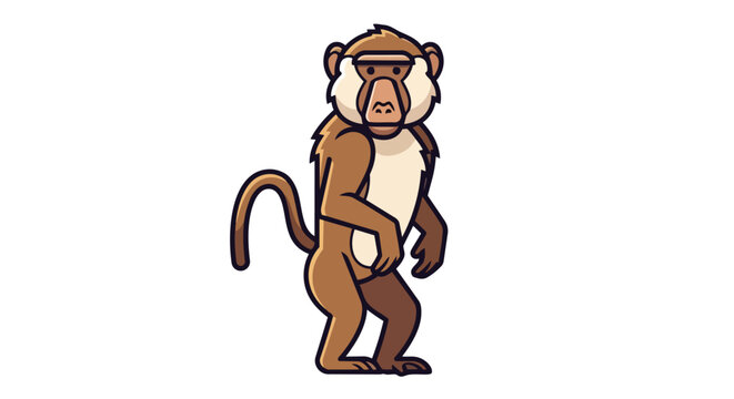 A charming, cartoon-style illustration of a brown baboon with light tan fur around its face and chest standing upright with a white background,