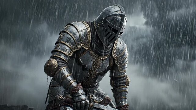 Medieval knight in armor with sword during stormy weather