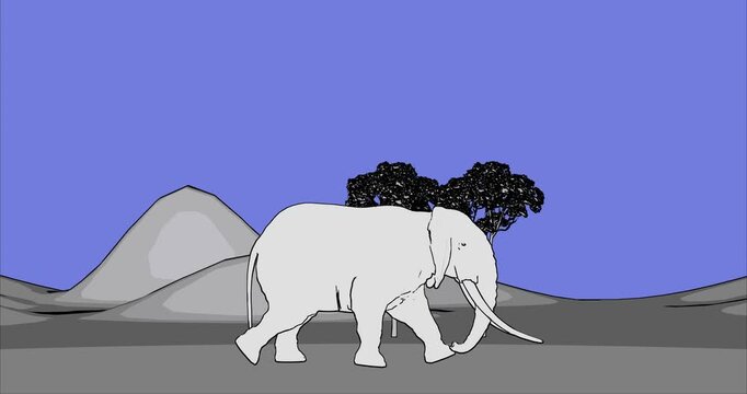 Animated cartoon elephant walking in african landscape