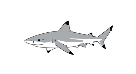 Obraz premium A minimalist digital illustration of a grey shark with black accents on its fins and tail, swimming against a plain white background