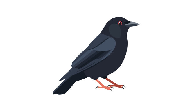 Isolated illustration of a detailed raven perched against a stark white backdrop, showcasing its dark plumage and keen crimson eye