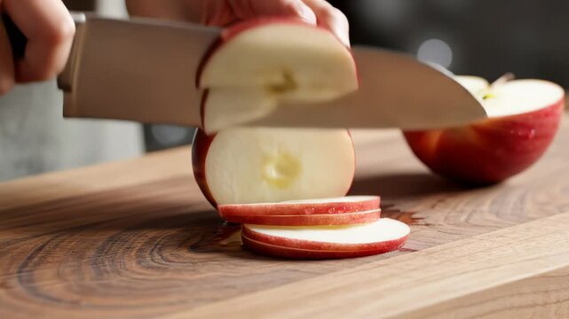 Person cutting red apple on wooden board
