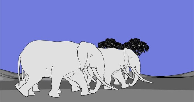Animated elephants walking in african savannah wildlife loop