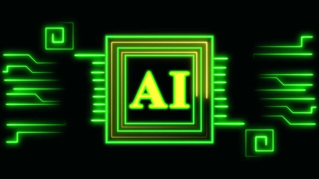 Glowing Neon Green AI Symbol with Circuit Board Design on animated Black Background, AI text logo with neon and green double line and yellow square border animation on black background.