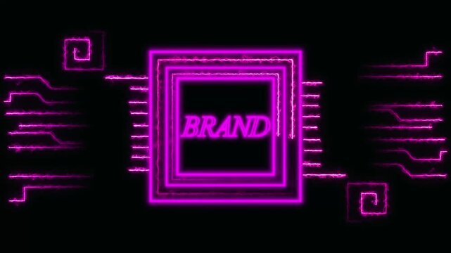 Magenta Neon BRAND Symbol with Electric Circuit Board Design on animated Black Background, BRAND text logo with neon purple double line and purple square border animation on black background.