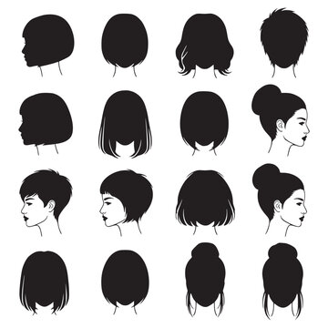 Collection of female hairstyle silhouettes and head profiles for beauty salon and hair care logo design
