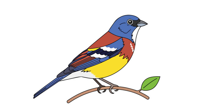 Vibrant Painted Bunting Perched on a Twig with Green Leaf, Simple Cartoon Style Illustration