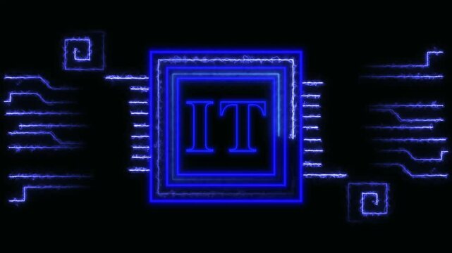 Blue Neon IT Symbol with Electric Circuit Board Design on animated Black Background information technology, IT text logo with neon blue double line and blue square border animation on black background