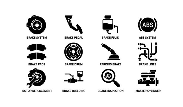 Automotive brake system icons: components and maintenance symbols