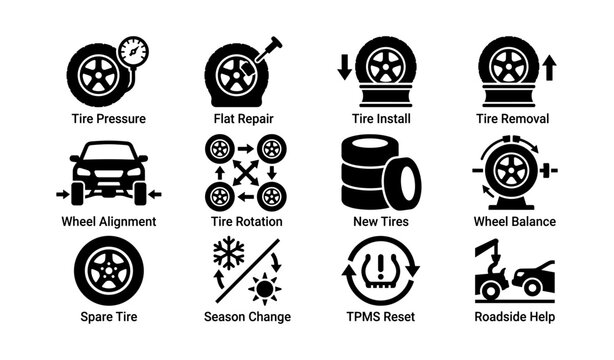 Automotive service icons: tire pressure, repair, installation, rotation, new tires