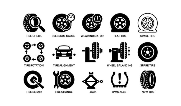Tire maintenance icons: pressure gauge, flat tire, spare parts, alignment tools