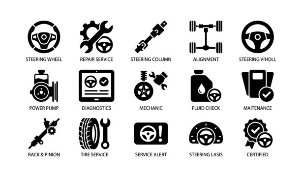 Car maintenance icons: steering, repair, diagnostics, tires, certified services