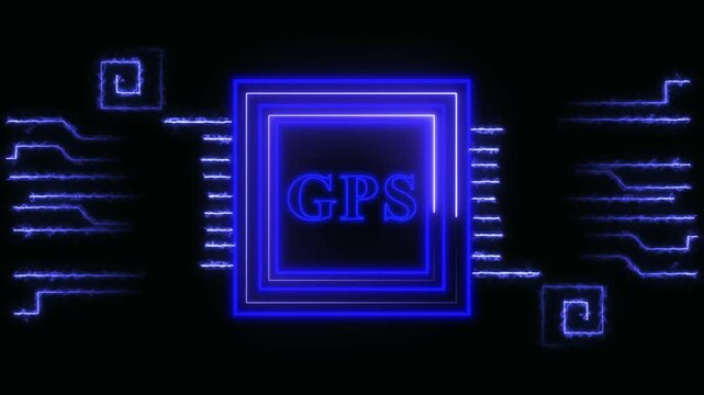 Glowing Blue Neon GPS Chip Circuit Board Abstract on animated Black Background, GPS text logo with neon green double line and yellow square border animation on black background.