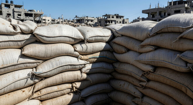 Stacked Sandbags Forming Fortified Military Position