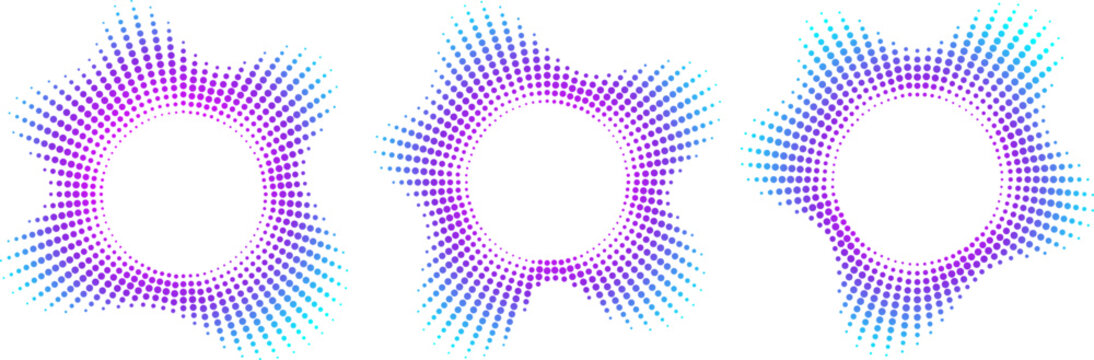 Collection of magenta and cyan neon circular sound wave frames with dots abstract radial music icons