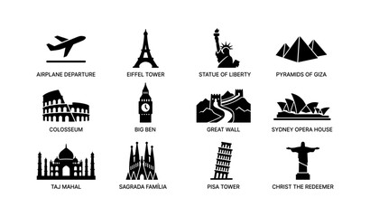 Naklejka premium Famous landmark icons: airplane, eiffel tower, statue of liberty, pyramids, colosseum, big ben, great wall, sydney opera, taj mahal, sagrada família, pisa tower, christ statue