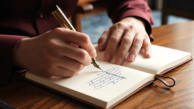 Person writing in a notebook with a fountain pen