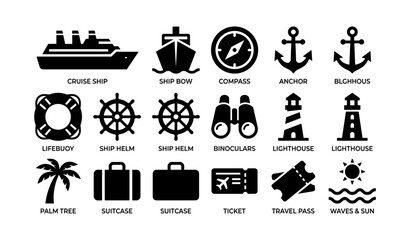 Nautical symbols collection: ships, compass, anchors, lighthouses, travel icons