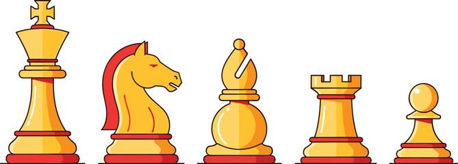 Golden Chess Pieces Icon Set with King, Queen, Bishop, Knight, Rook, and Pawn for Strategy Game Vector Illustration © AKTAR