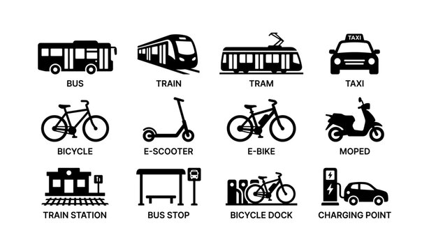Transport icons: bus, train, tram, taxi, bicycle, scooter, moped, charging