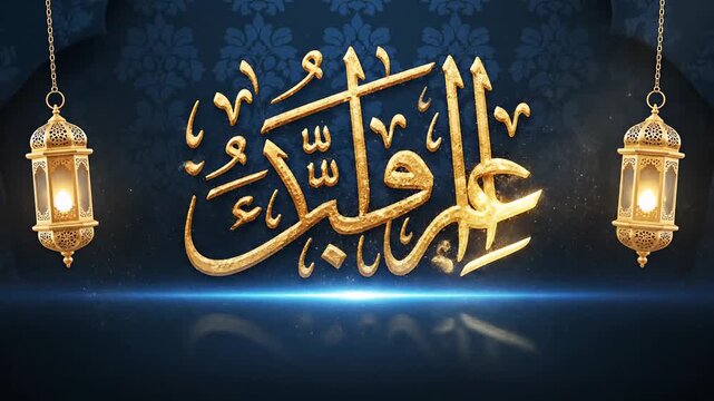 Elegant Golden Arabic Calligraphy "Ali ibn Abi Talib" with Ornate Lanterns and Festive Sparkle