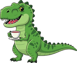 Cute cartoon green Tyrannosaurus Rex dinosaur holding a white teacup and saucer, funny prehistoric character illustration for children and tea lovers. © Fozila