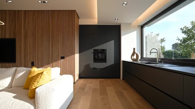 Modern kitchen and living room interior