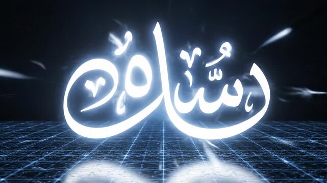 Abstract Glowing Blue Light Streaks Forming an Arabic Calligraphy Script in a Digital Grid