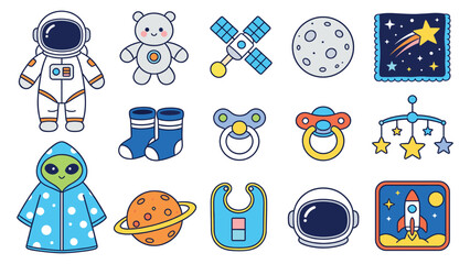Cute baby stickers with toys and accessories in a space-themed collection for kids, featuring adorable designs and fun characters © Ube