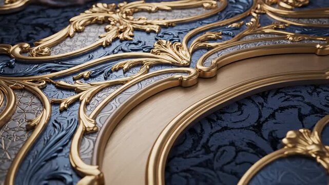 Intricate Ornate Gold and Blue Decorative Frame with Damask Pattern, Close-up Luxury Background