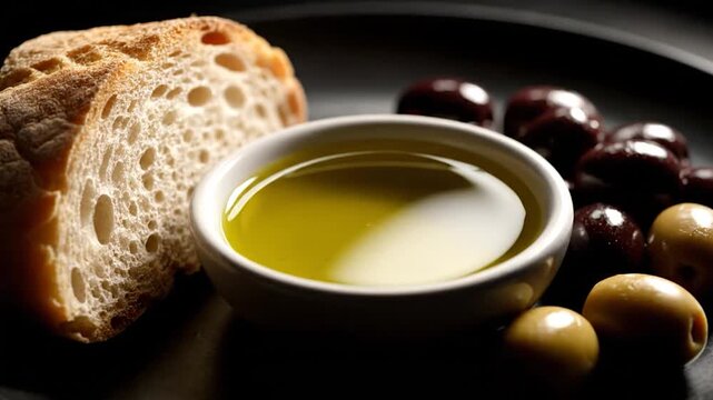 A rustic still life features bread, olives, and olive oil pouring into a bowl
