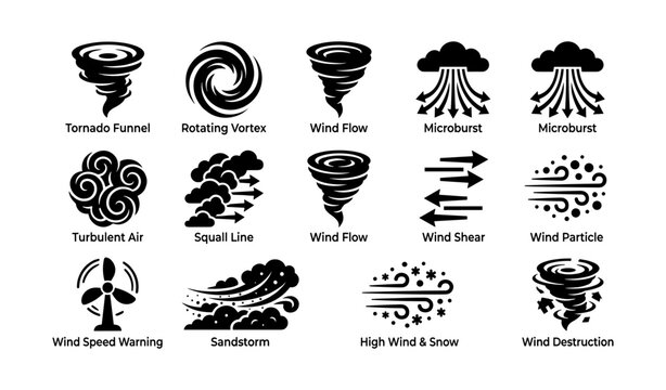Weather icons: tornado, vortex, wind, microburst, storm patterns