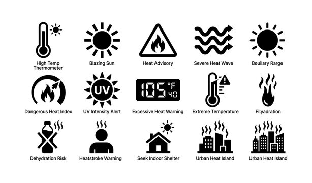 Weather icons depicting heat warnings and temperature alerts