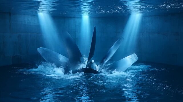 Dynamic cinematic underwater scene with a large, slowly rotating propeller or turbine creating powerful splashes under vibrant blue light beams