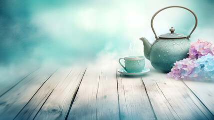 雨の日の午後に紫陽花を眺めながら温かいお茶を楽しむ穏やかで洗練されたティータイム