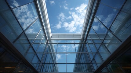 Obraz premium Looking up through a modern building s glass atrium at a bright blue sky with fluffy white clouds