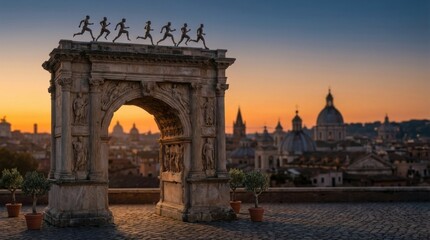 Obraz premium Silhouetted runners race atop an ancient Roman arch with a breathtaking sunset over the city
