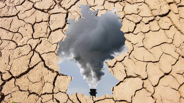 Ein rauchender Industriekamin in einer Deutschlandkarte mit einem vertrocknetem W&uuml;stenboden, als Symbol f&uuml;r Klimawandel und Umweltzerst&ouml;rung in Deutschland - FOTOMONTAGE