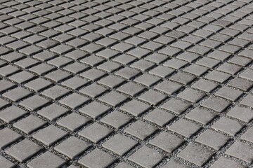 Fototapeta premium Close-up of grey square pavers laid in a grid. Graphics texture, background.