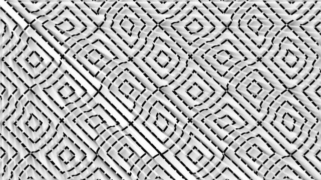 Abstract monochrome wavy tile pattern with black dashed lines, seamless motion background loop