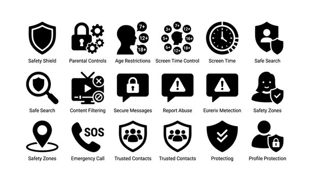 Safety and parental control icons for online protection and security