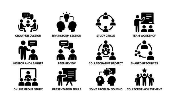 Collaborative learning icons: group discussions, brainstorming, study sessions, team workshops, mentorship