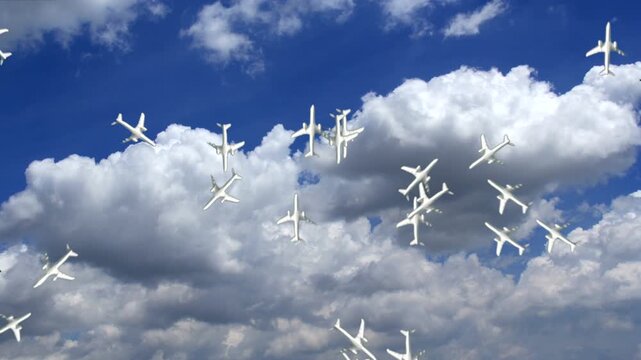 Commercial jets crossing the skies, planes or air traffic, at high speed. Multiple aircraft passing above against a clouded blue sky time lapse.