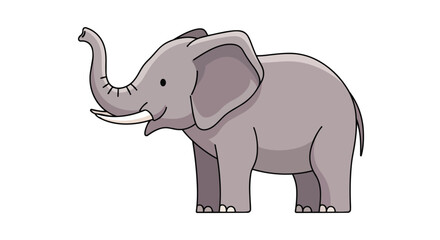 Fototapeta premium Adorable cartoon illustration of a friendly grey elephant with tusks and trunk raised in a playful stance against a white background