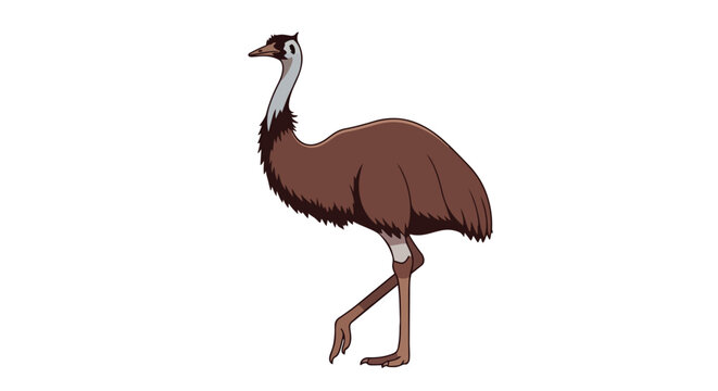 Whimsical Brown Emu Standing Tall with Detailed Feathers and Distinctive Neck Markings Against a White Background