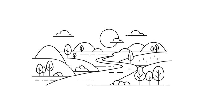 Simple Line Drawing of Landscape Scene.