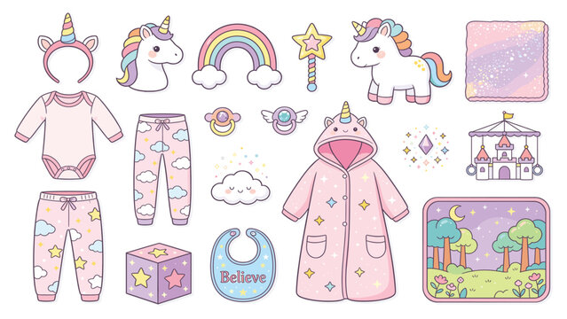 Cute baby unicorn collection set with toys, clothes, and accessories displayed in a playful arrangement