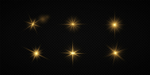 Glowing Golden Star Light Effect with Sparkle Rays and Lens Flare Illumination on Transparent Background