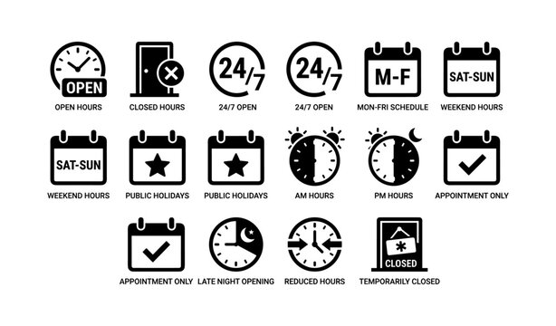 Business hour icons: open, closed, 24/7, appointment only, schedule variations